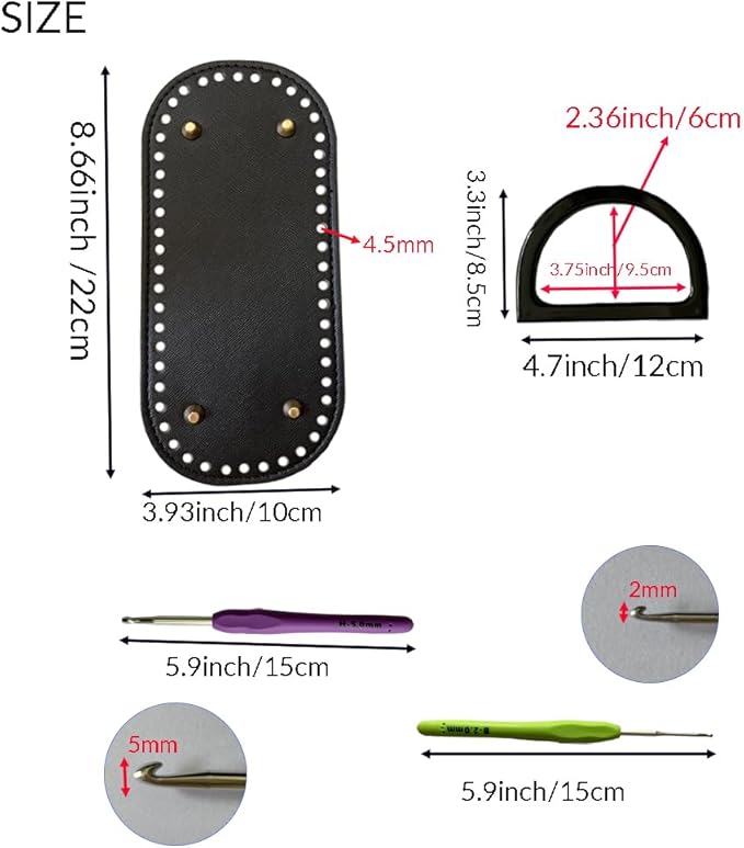 4 Pcs Leather Crochet Bag Bases, 8 Pcs D Shape Purse Handles with 2 Size Crochet Hooks for DIY Bags Craft Making