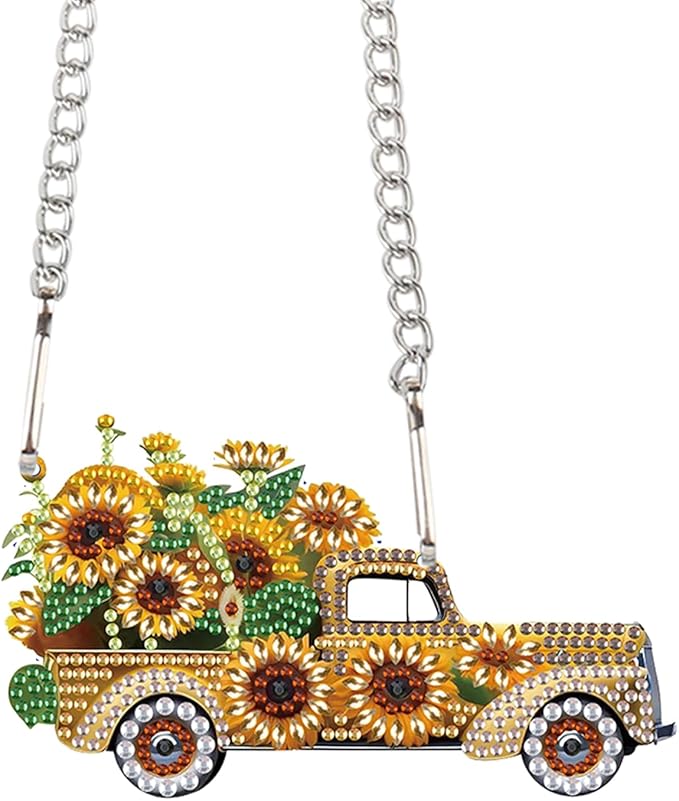 AiYuanzsh Sunflower Car Diamond Painting Pendant Kit, 5D DIY Acrylic Rhinestone Diamond Art Hanging Ornament with Chain, Paint by Number Decorative Art for Wall, Home Decor Gift for Adults