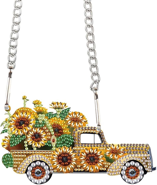 AiYuanzsh Sunflower Car Diamond Painting Pendant Kit, 5D DIY Acrylic Rhinestone Diamond Art Hanging Ornament with Chain, Paint by Number Decorative Art for Wall, Home Decor Gift for Adults