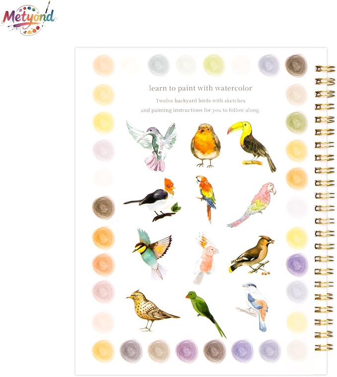 Metyond Watercolor Workbook - Watercolor Coloring Book with 1 Workbook 12 Colors Paint Set with Brush, Beginner Friendly Watercolor Workbooks Set Gift for Adults Teens (Birds)