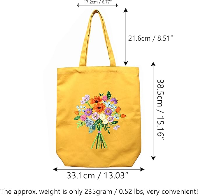 Canvas Tote Bag Embroidery Kit with Pattern for Beginners, Arts and DIY Embroidery Crafts Kits for Adults, Instructions, thimble, Embroidery Hoops, Color Threads (yellow, CR002 zhaolufanhua)