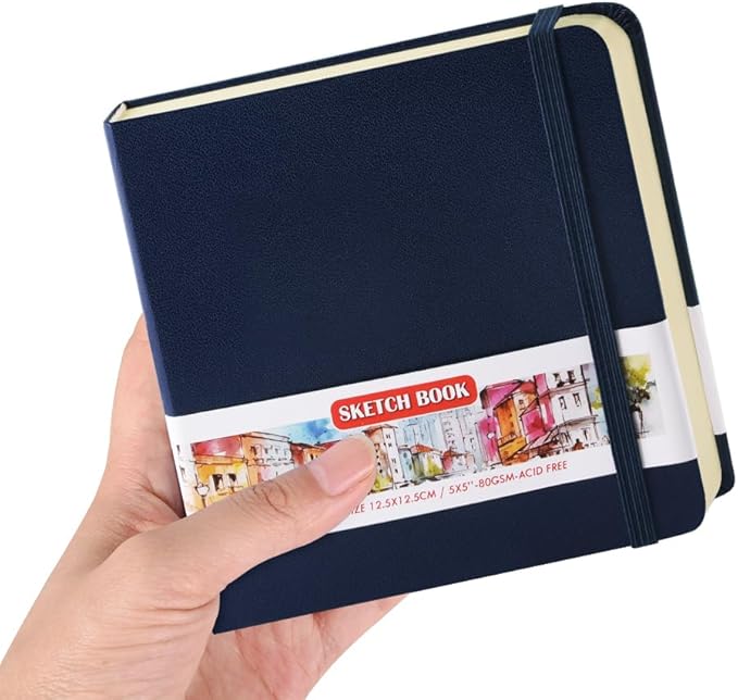 Square 5x5 inches 80gsm 96sheets/192 Pages Notebooks Blank Sketchbooks Travel Journal Pocket Hardcover Paint Writing Diary Memo Planner PU Leather Cover. Royal Blue