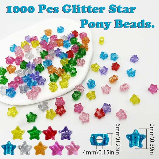 MIIIM 1000 Pcs Glitter Star Pony Beads Shapes for Friendship Bracelet, Large Hole Kandi Beads for Hair Braids, Jewelry Making (Multi-Glitter)