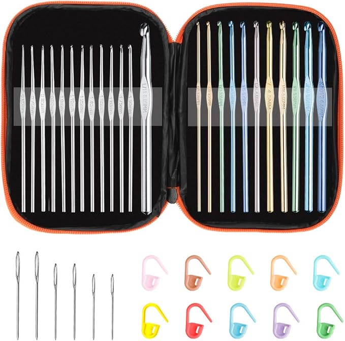 Tomorotec 41Pcs Multi-Color Metallic Crochet Hooks Set, Art Aluminum Knitting Needles for Yarn Craft Set with Sylish Storage Bag, Stitch Markers and Big Eye Needles