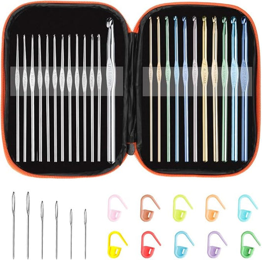 Tomorotec 41Pcs Multi-Color Metallic Crochet Hooks Set, Art Aluminum Knitting Needles for Yarn Craft Set with Sylish Storage Bag, Stitch Markers and Big Eye Needles