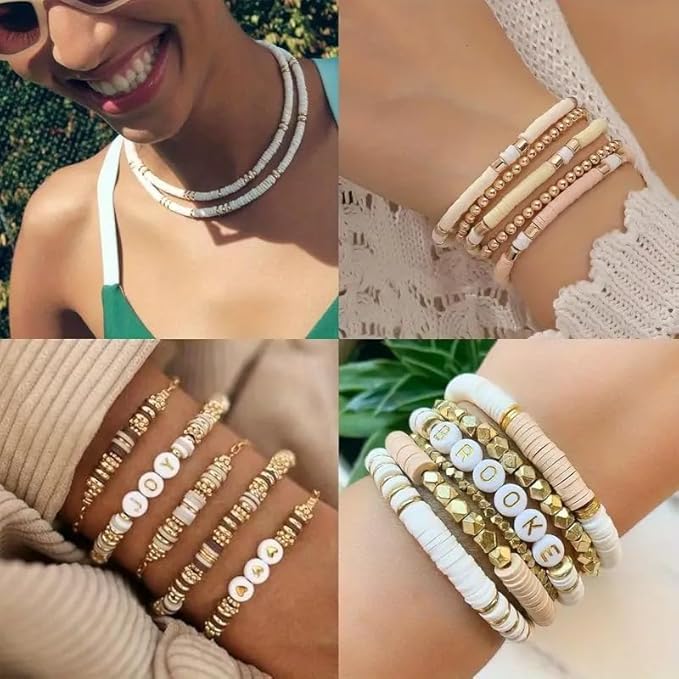 Believo 24-Grid DIY Clay Beads Bracelet Kit - 4 Soft Beige Colors Polymer Clay Beads + Golden Spacer Beads & Alphabet Beads + 5m Elastic Cord for Jewelry Making, Friendship Bracelets & Gift Crafts