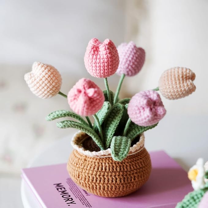 Pink Tulip Crochet Kit – Romantic Spring Home Decor & Mothers Day Gift | Beginner-Friendly DIY with Video Tutorial | Elegant Artificial Flower Plant