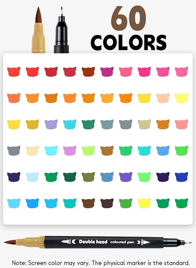 60 Colors Dual Markers Brush Pens, Fine Felt & Brush Tip Marker Christmas Gifts for Kids and Adults, Stocking Stuffers Art Marker Pens for Coloring Book Journaling Note Taking Hand Lettering