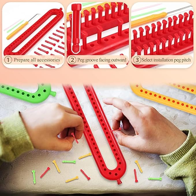 Katech 3 pcs Rectangle Knitting Looms Set Dense Pegs Loom Knitter Different Sizes Colorful Plastic Weaving Looms Set DIY Yarn Weaving Kits with a Crochet Hook and Needle (Color is Random)