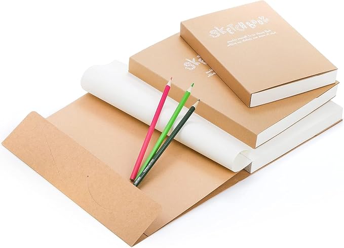 Elsjoy Set of 3 Kraft Sketchbook & Drawing Notebook, A5/A4/B5 Sketch Book Travel Journal Notebook with Thick Paper for Drawing & Sketching, 128 Sheets/256 Pages