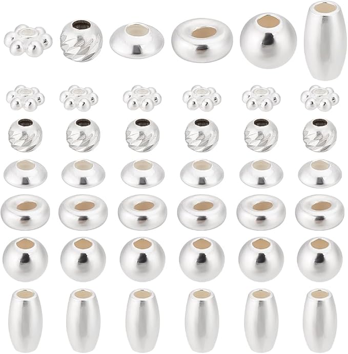 PH PandaHall 60pcs 925 Sterling Silver Beads for Jewelry Making, 6 Style Small Bracelet Spacer Beads Smooth Loose Beads Beading Supplies for Crafts Necklace Bracelets Earring Making, 3-6mm