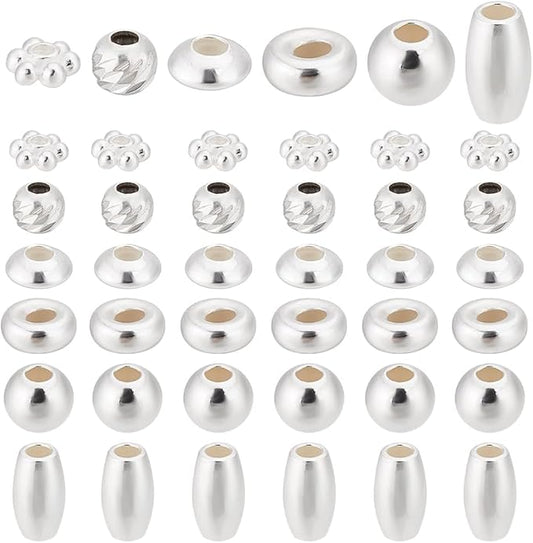 PH PandaHall 60pcs 925 Sterling Silver Beads for Jewelry Making, 6 Style Small Bracelet Spacer Beads Smooth Loose Beads Beading Supplies for Crafts Necklace Bracelets Earring Making, 3-6mm
