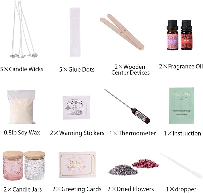 DARJEN Candle Making Kits for Adults- Soy Candle Making Supplies with 2 Candle Jars(Clear, Pink), Wax, Scents, Card & More, DIY Starter Candle Making Kit, Full Set DIY Arts & Crafts Gift
