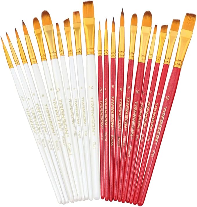 Transon 20pcs Artist Painting Brush Set for Acrylic Watercolor Gouache Hobby Craft Face Rock Painting White and Red