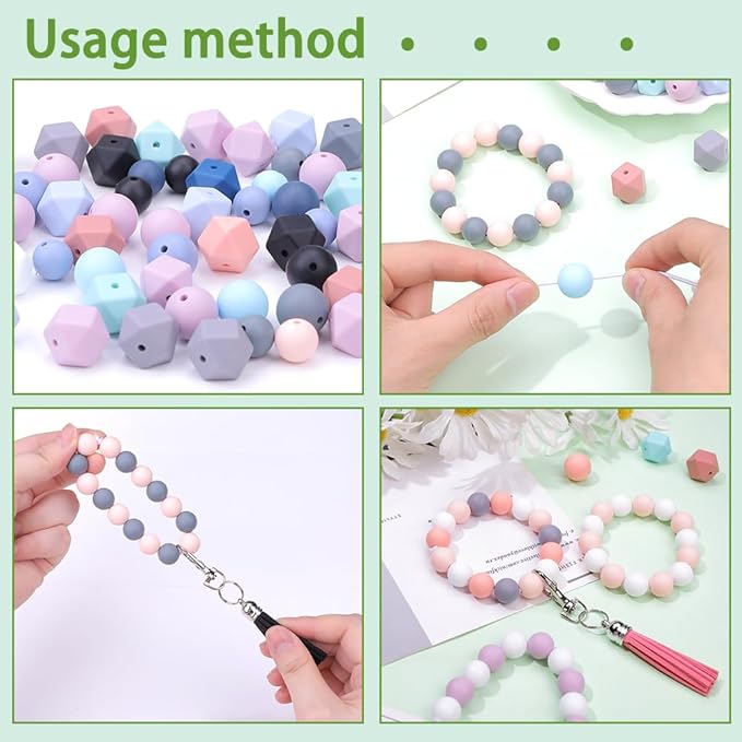 121 PCS Silicone Beads for Keychain Making Kit,12mm 15mm Round 14mm Polygonal Rubber Beads Multicolor Bulk Silicone Loose Beads for DIY Necklace Bracelet Jewelry Making Supplies