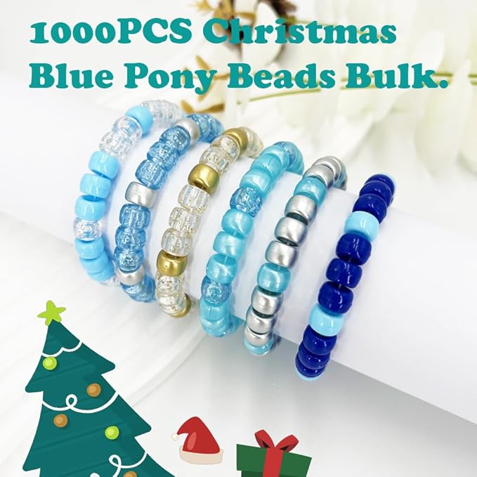 MIIIM 1000PCS 6x9mm Christmas Blue Pony Beads Bulk, 5 Styles Blue and Silver Kandi Beads for Bracelets Making Kit, Hair Braids Crafts for Jewelry Making (Christmas Blue)