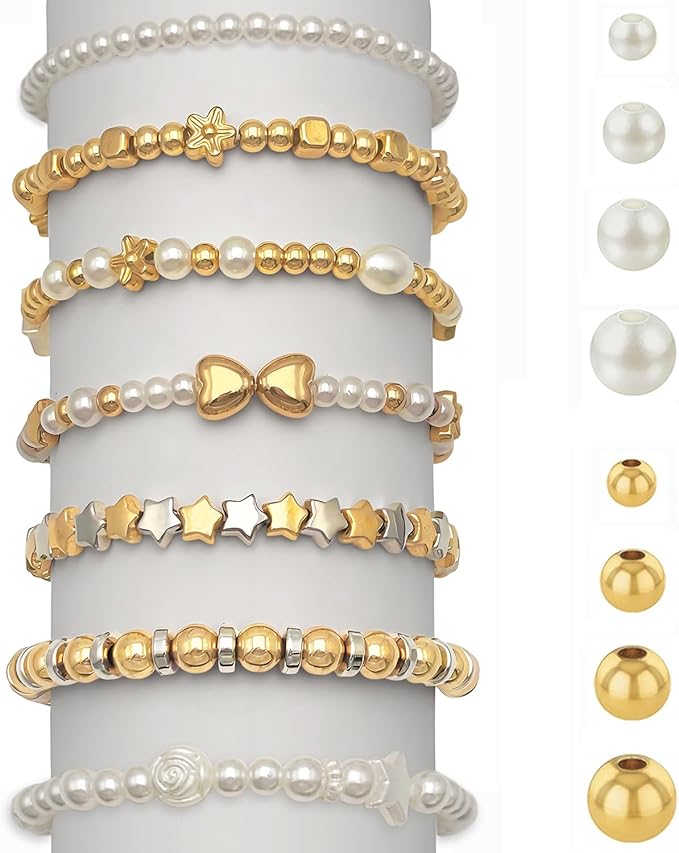 3360pcs Gold Round Beads & Pearl Beads 3/4/6/8mm 4 Size Smooth Ball Bead for Jewelry Making Metal Circle Bead for Bracelet Necklace Earring Making Supply