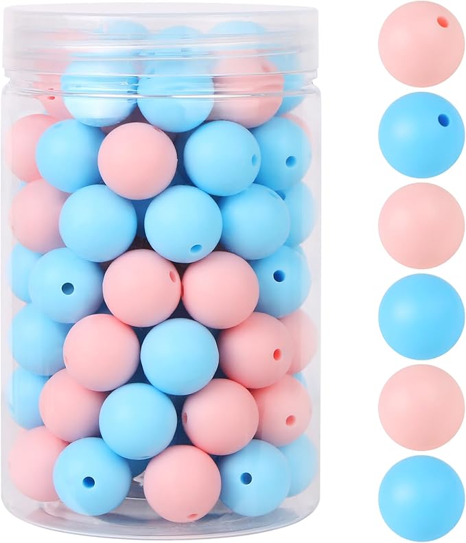 110 Pcs Silicone Focal Beads, EVERMARKET 15mm Silicone Beads for Keychain Making, Round Silicone Beads Bulk with Bottle, Rubber Loose Beads for Pens Crafts Necklace Bracelet Lanyard (Light Pink Blue)