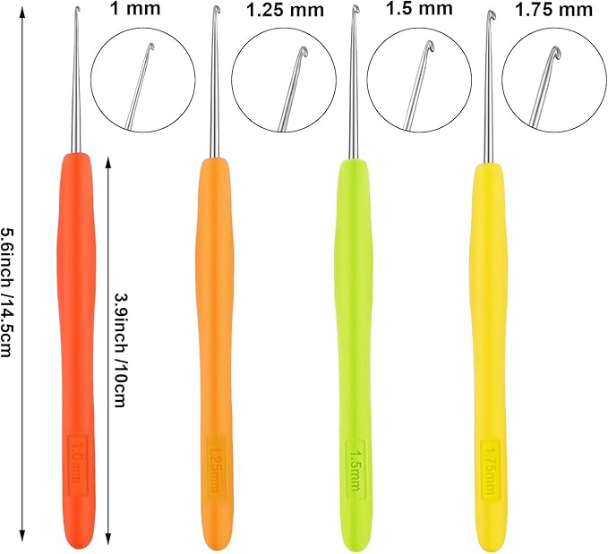 WILLBOND 4 Pieces Hair Highlighting Needles Small Crochet Hooks Precision Metal Needles Crochet Knitting Hooks with Soft Handles, 1 Mm, 1.25 Mm, 1.5 Mm, 1.75 Mm, 4 Colors