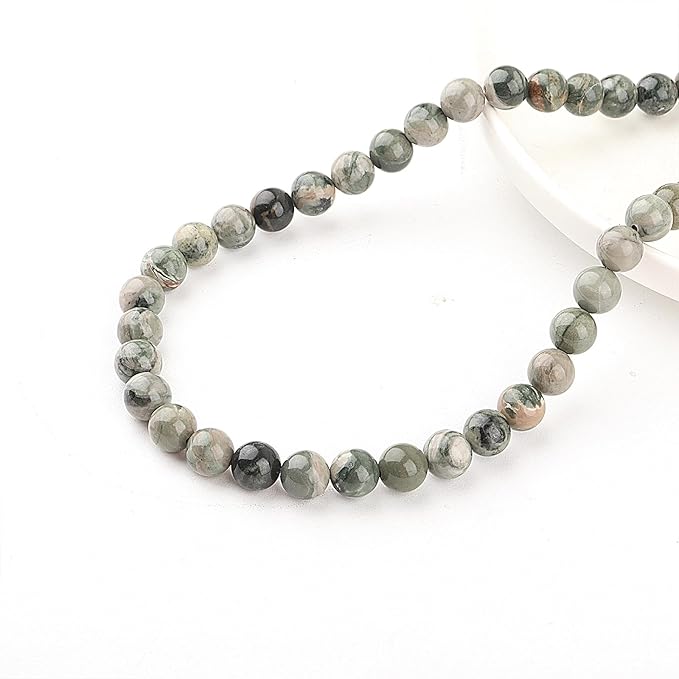 8mm Natural Stone Beads for Jewelry Making - Gemstone Round Loose Beads for Bracelets(45-48pcs, Green Grain Stone)
