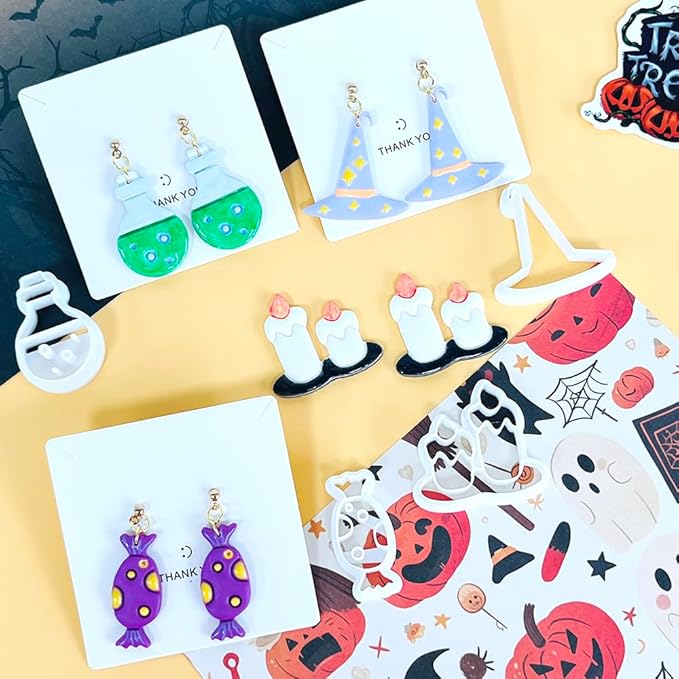 Xaekicr Halloween Polymer Clay Cutters Set – 8Pcs Halloween Clay Earring Cutters with Ghost, Witch Hat, Bat, Spider – Polymer Clay Molds & Clay Tools for DIY Jewelry