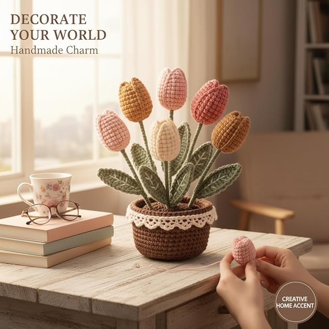 ADDZRZR Tulip Crochet Plants Kit for Starters, Complete Easy Crochet Set for Beginners Adults with Step-by-Step Tutorials, Unique Friend Gifts for Women
