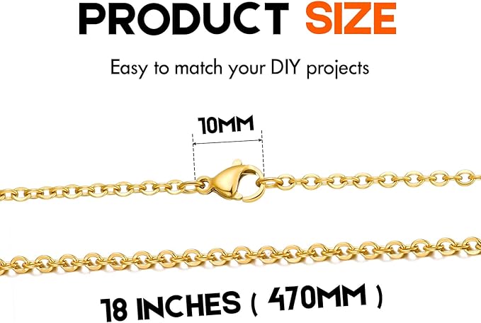 20 Pack Necklace Chains Gold Plated Stainless Steel Cable Chain Necklace Bulk for Jewelry Making, 18 Inches