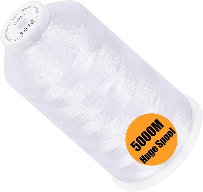 New brothread - Single Huge Spool 5000M Each Polyester Embroidery Machine Thread 40WT for Commercial and Domestic Machines - Snow White