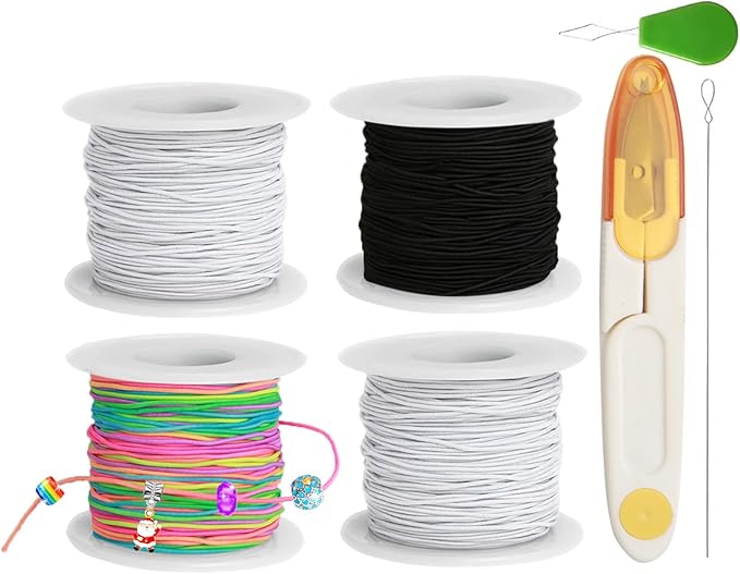 Stretchy String for Bracelet Making Kit, 4 Rolls 660 ft 1mm Elastic Cord, 2 White & 1 Black & 1 Rainbow, Includes Soft Measuring Tape & Craft Scissors for Jewelry Beading, Necklaces, DIY Crafts