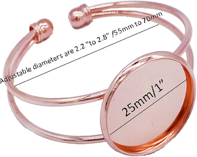 MIAO JIN 10 Pcs 25 mm Adjustable Round Cabochon Bezel Tray Blank Bangle for Crafting DIY Bracelets Making(Rose Gold)