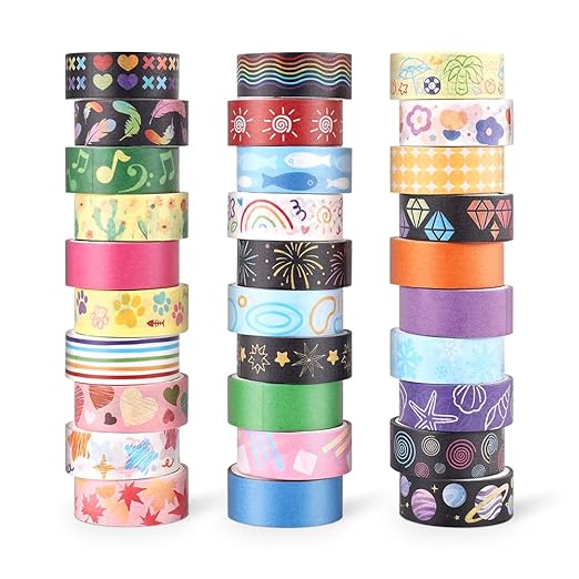 30 Rolls Colorful Theme Washi Tape Set with Different Colorful Patterns, Writable Decorative Tapes for Scrapbooking, Junk Journal Supplies, Bullet Journaling, 0.6'' x 79'' per Roll