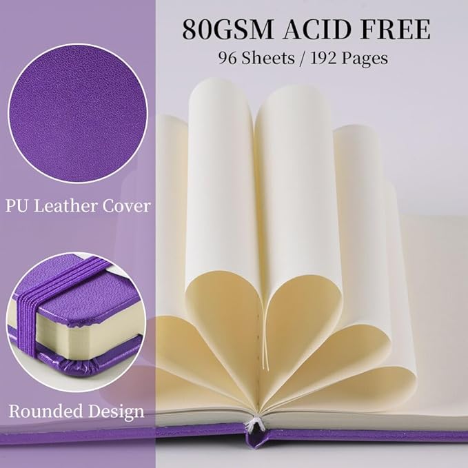 Square 5x5 inches 80gsm 96sheets/192 Pages Notebooks Blank Sketchbooks Travel Journal Pocket Hardcover Paint Writing Diary Memo Planner PU Leather Cover. Purple