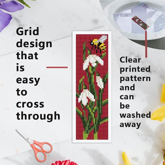 INFUNLY 6pcs DIY Tulips Cross Stitch Bookmark Kits for Adults Beginner 2.99''×8.54'' Calla Stamped Embroidery Bookmark Kit with Instruction Daisy Freesia Embroidery Bookmark Set for Book Lovers