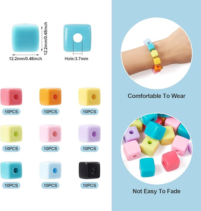 FASHEWELRY 90Pcs Pastel Acrylic Cube Beads for Bracelet Making Candy Color Square Spacer Beads Assorted Rainbow Cube Pony Bead Bulk for Jewelry Making