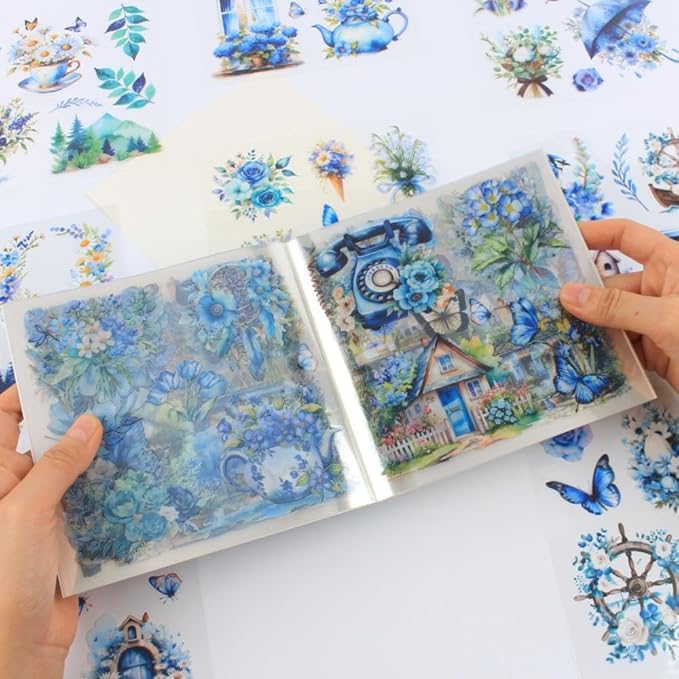 30 Sheets Precut Blue Flower Garden Landscape Stickers Book for Junk Journal Supplies, Transparent PET Stickers for Journaling, Scrapbooking, Bujo, Collage, Card Making