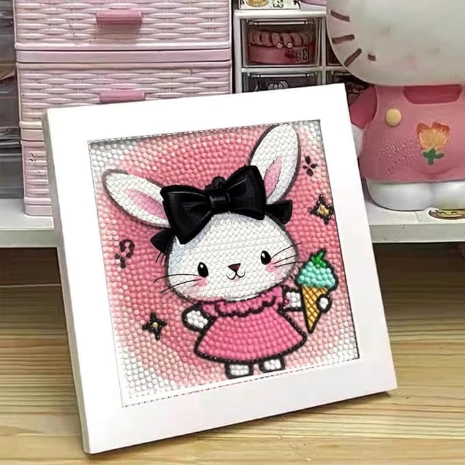 PERFECTSIGHT Cute 5D Diamond Art Kits with Wooden Frame, Kawaii DIY Painting Art for Adults Teen, Diamond Arts and Crafts Sets, Big Gem Full Drill Diamond Dots for Women Beginners (Cake Rabbit)