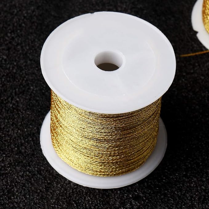 Pengxiaomei 218 Yards/656 Feet Metallic Cord Gold Twine, 2 Spool Gold Thread String for Bracelet Making Jewelry Making Thread Gold Craft String Tinsel String Craft Making Cord(0.5mm)