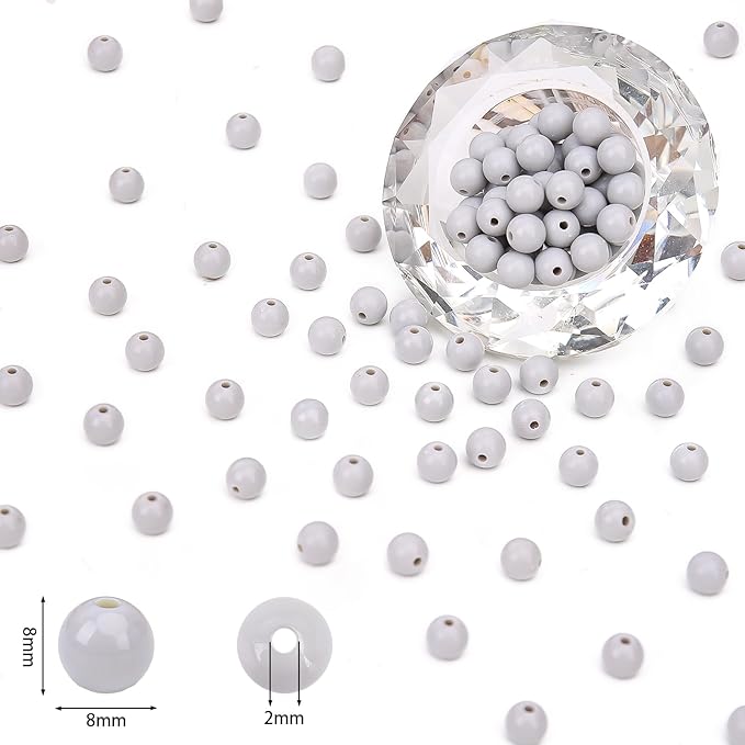 bonny boxx 500pcs 8mm smooth grey round beads, plastic resin bubblegum balls chunky gumball beads for necklace and bracelet making, crafting supplies