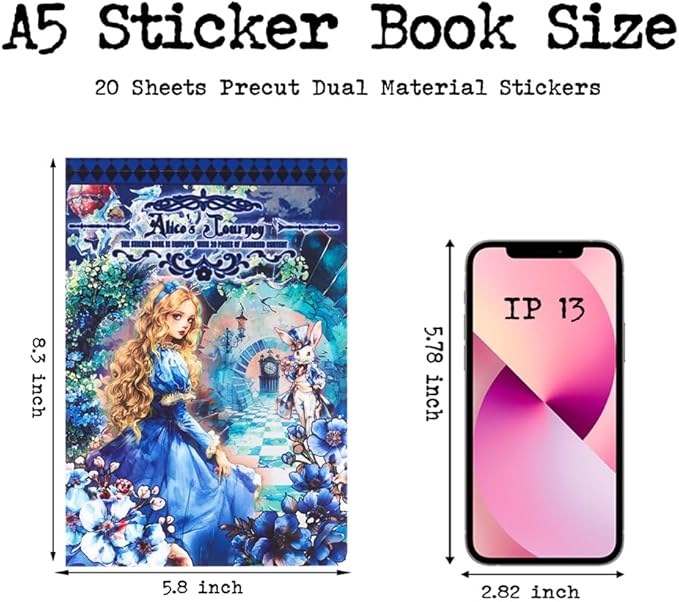 Dwpetzo Vintage Alice's Journey Pre-Cut Journal Sticker Book for Junk Journaling, Dual PET and Writing Paper Materials, Collage Stickers for Scrapbooking Supplies, Planner, Bujo, A5, 20 Sheets
