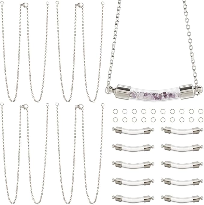 SUNNYCLUE 1 Box DIY 10 Sets Vial Necklace Kit Glass Bottle Necklace Empty Clear Screw Caps Bottles 304 Stainless Steel Glass Vials for Jewelry Making Kits Memorial Keepsake Perfume Hair Mud Supplies