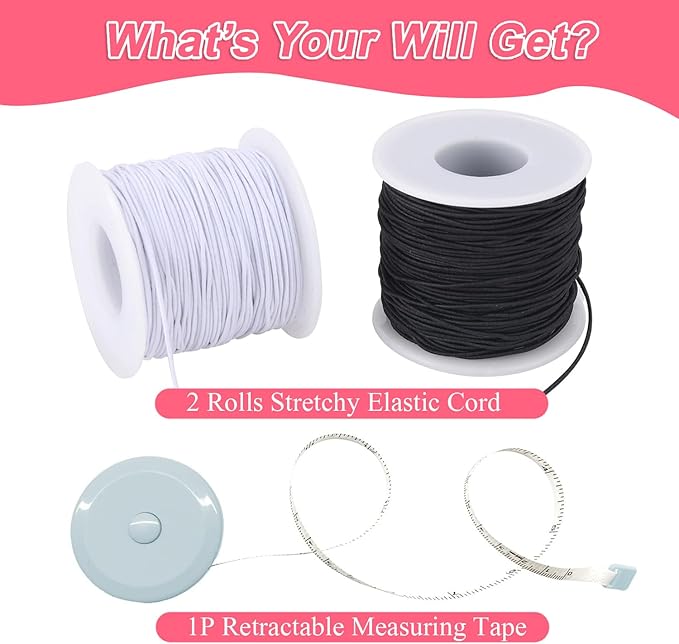 2 Rolls Stretchy Elastic Cord & Retractable Measuring Tape Set, 0.8mm x 110 Yards Beading String for Jewelry Making, Bracelets, Necklaces (Black + White)
