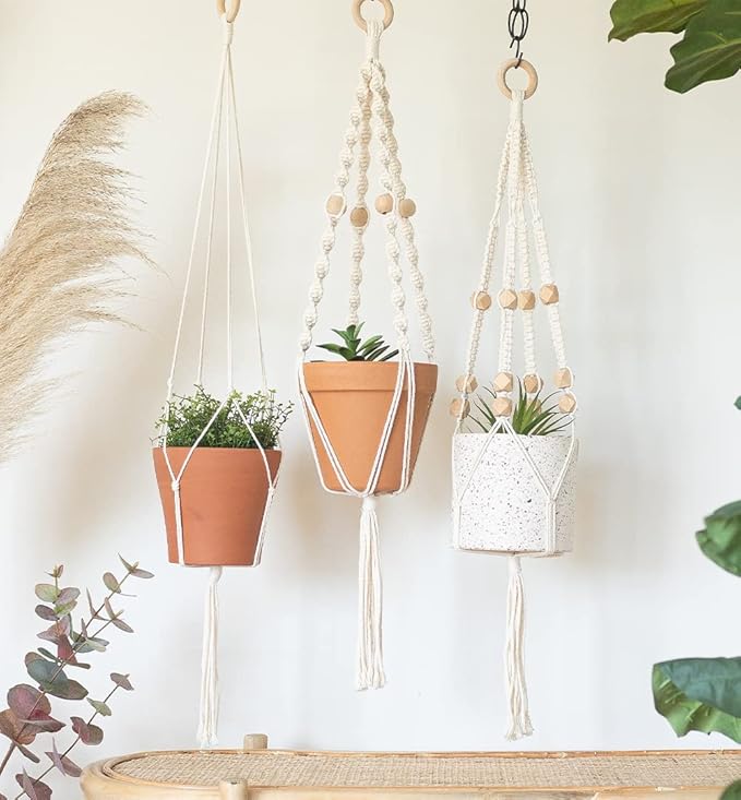 macrame kit - makes 3 macrame plant hangers with easy to follow instructions for adult beginners - includes 109 yards 3mm cotton macrame cord, natural wooden beads & custom instruction booklet