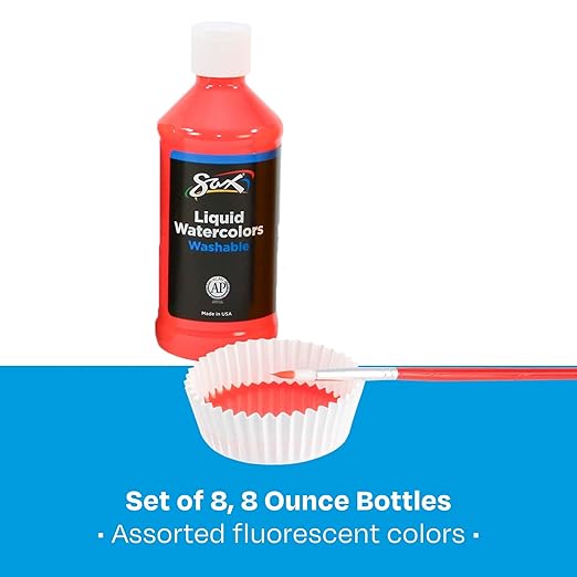 Sax Liquid Washable Watercolor Paint for School and Arts and Crafts Use, Assorted Fluorescent Colors, 8 Ounce Bottles, Set of 8