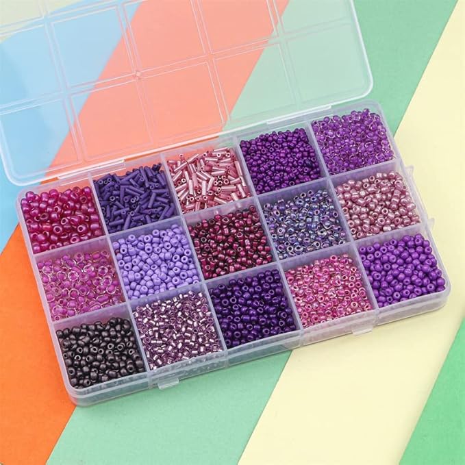 Mix 15 Color Glass Seed Tube Beads Glass Bugle Beads Loose Kit for Jewelry Making DIY Craft Beading (Mix 15 Color, Purple)