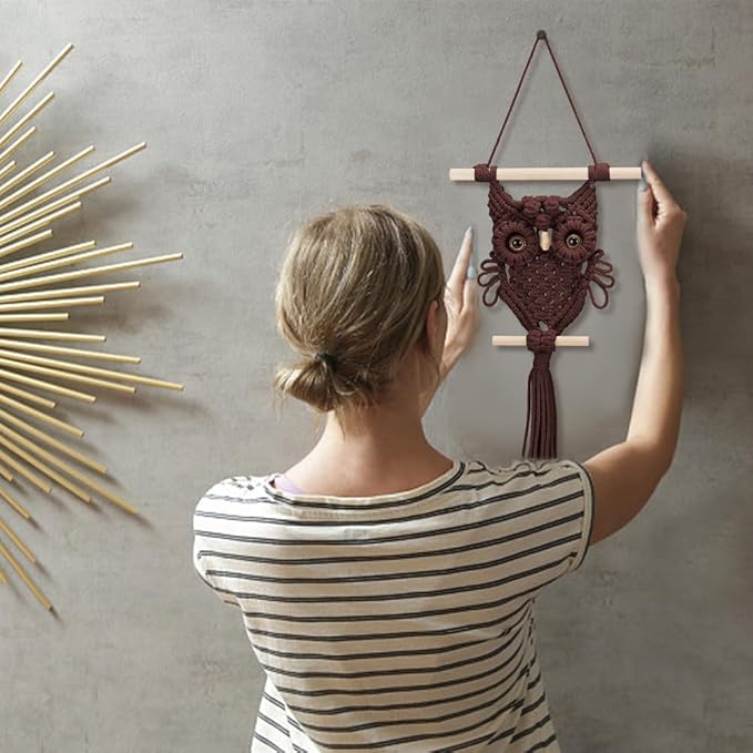 ORIGACH DIY Macrame Owl Wall Hanging Tapestry Kit Brown Cotton Handmade Macrame Owl Kit Boho Macrame Wall Hanging Decor Woven Ornament Gift for Bedroom Living Room