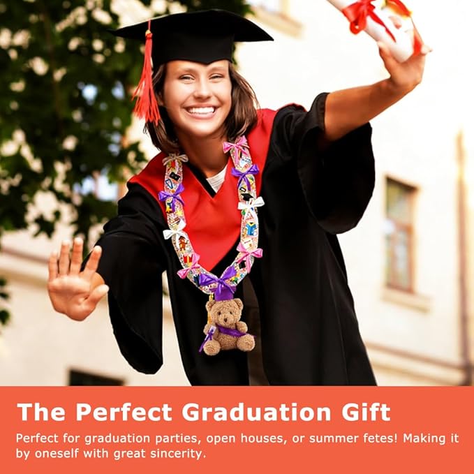 Candy Leis for Graduation 2026, Making Kit Supplies Tubing Grad Leis for Graduation Candy Necklace with 3 Color Ribbons Handmade Decoration Kit, Grad Party Gift for Graduates(White, Pink, Purple)