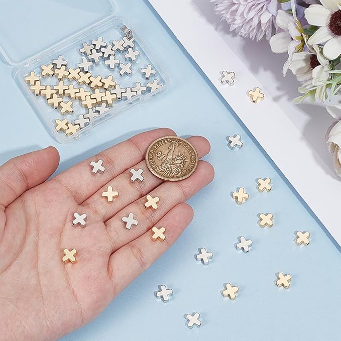 BENECREAT 60Pcs 18K Gold Plated & Platinum Plated Cross Spacer Bead, Brass Crucifix Beads Metal Loose Spacer Beads Jewelry Findings for Earring Bracelet Necklace Jewelry Making
