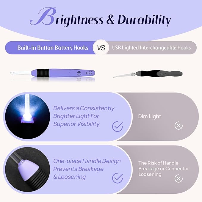 lewhoo 3 size lighted crochet hook set, illuminated crochet hooks with replacement battery, led set with case for crocheters 4.0mm, 5.0mm, 6.0mm