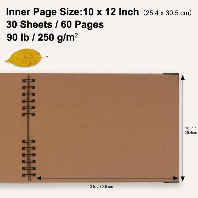 Large Scrapbook Album, 10"x12" Scrap Book, 60 Pages Blank Scrapbook, Thick 250gsm Kraft Paper, Art Supplies for DIY Crafts, Guest Books, Traveling, Birthday & Holiday Gifts.