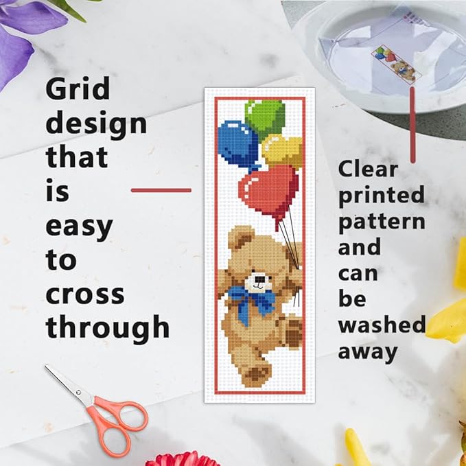 INFUNLY 6PCS Brown Bear DIY Cross Stitch Bookmark Kits 8.5"×2.9" Cute Bear Stamped Embroidery Kits with Instructions Balloons Gift Box Needlepoint Bookmark Kits for Book Lovers Readers Writers